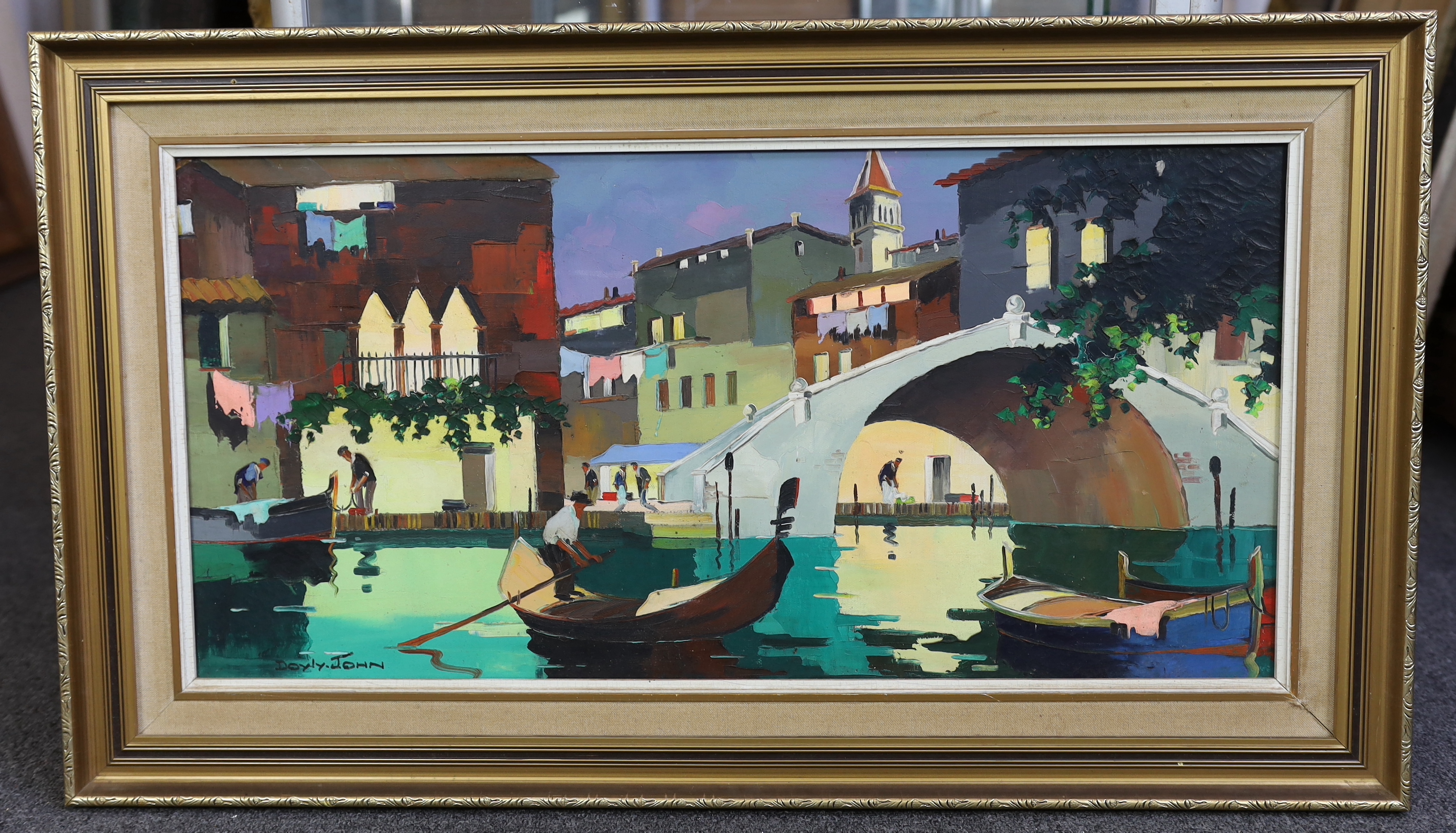 Cecil Rochfort D'Oyly John (British, 1906-1993), 'Venice, a side street off the Grand Canal near the Place Marco', oil on canvas, 35 x 70cm